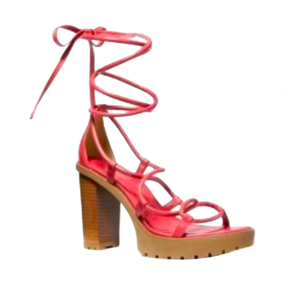 Michael Kors Vero Lug Leather Strappy Platform Sandal Coral Red Women’s 9